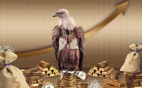 American eagle holding dollars sits in a vault surrounded by gold